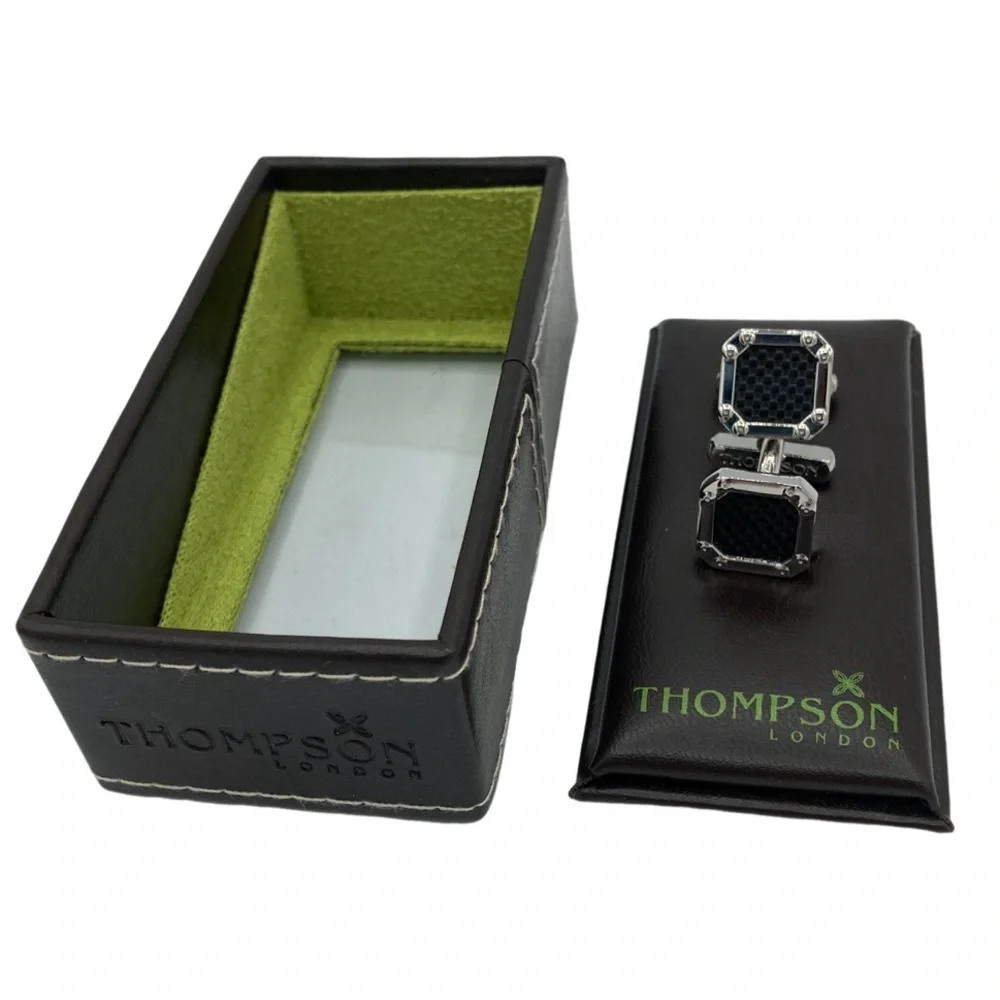 NWT Thompson London Rhodium Plated Black Carbon Fiber Square Bolt Cufflinks
